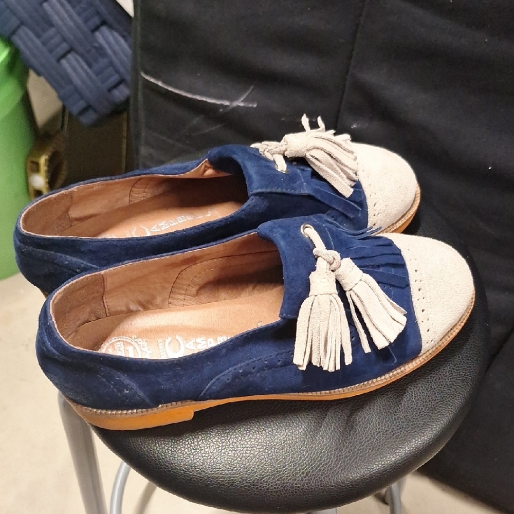 Jeffrey Campbell Navy and Beige Tassel Loafers